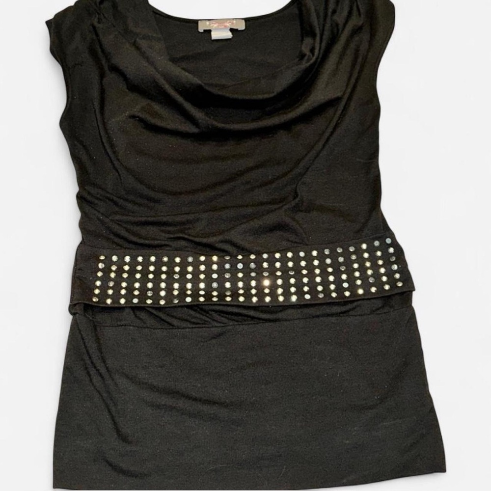 Y2K BLACK COWL NECK TOP WITH DARK SILVER/BLACK STUDDED BELT ATTACHMENT